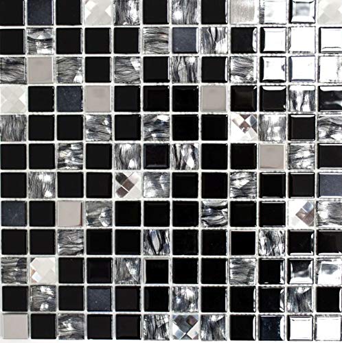 Piastrelle a mosaico, autoadesive, traslucide, in acciaio inox, nero, con mosaico in vetro e acciaio nero, MOS200-4CM26_f