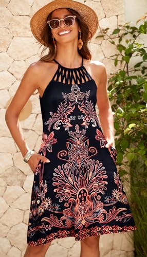 Bluetime Womens Summer Casual Halter Dress Crochet Hollow Out A-line Floral Boho Beach Sundresses with Pockets4