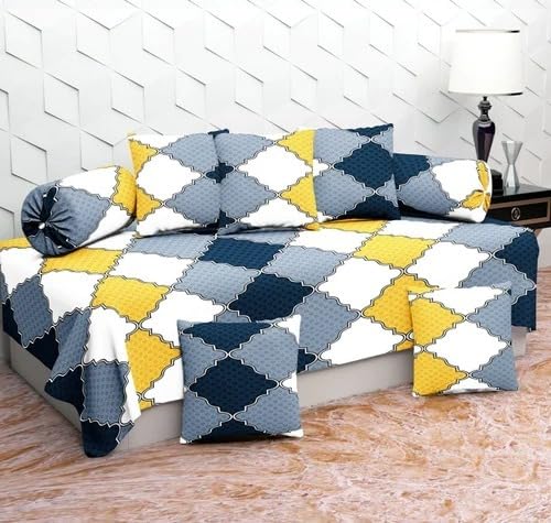 Premium Cotton Fabrics | Deisgner Decorative Printed Diwan Set (1 Diwan Flat Sheet, 2 Designer Decorative Bolster Covers, 5 Designer Cushion Covers)-image-1