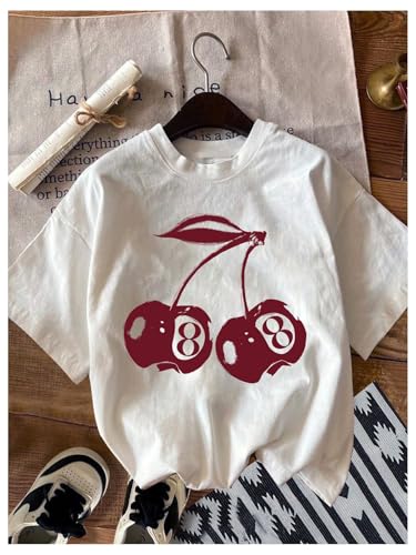 Image of RoseSeek Women's Graphic Letter Tee Crew Neck Drop Shoulder Trendy Summer T Shirt Short Sleeve Vintage Car Print Top