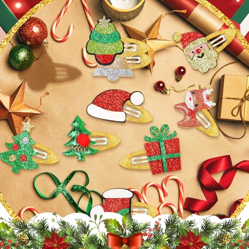 XunYee 12 pares de pinzas para el cabello navideñas con brillo colorido | Clips de cabello con temática navideña para fiesta y regalos miniatura 6