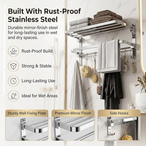 Image of Well Set Stainless Steel Foldable Towel Rack for Bathroom | Dual Layer Wall Mounted Shelf with Towel Bar & 5 Hooks | Heavy-Duty Rust-Free Towel Holder Stand (Mirror Finish, Silver)