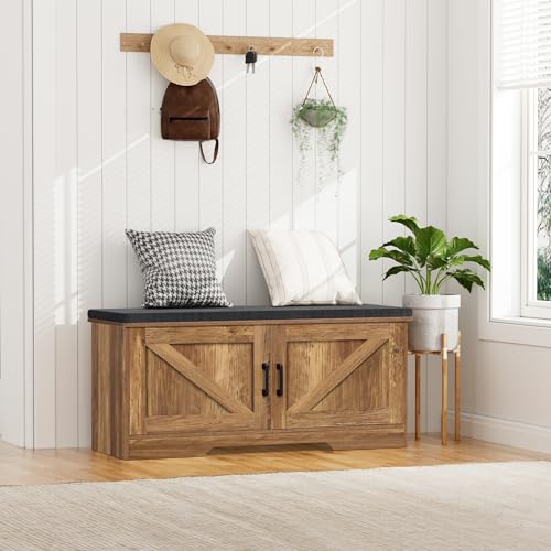 Image of HOMSHO Farmhouse Shoe Storage Bench with 2 Barn Doors & Padded Seat Cushion | 39.4 inch Wide Entryway Bench with Adjustable Shelves & Hidden Storage, Rustic Walnut