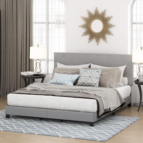 HomeStock Rustic Ranch Button Tufted Bed Frame in Linen with 12 Piece Slat Style, King Size for A...