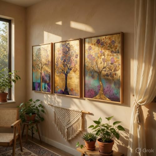 Image of Livin'luxe Abstract Tree Wall Painting Set of 3 with Wooden Frames | Modern Golden Tree Artwork HD Sparkle Laminated MDF Wall Decor | Elegant Nature Tree Wall Art for Living Room Bedroom