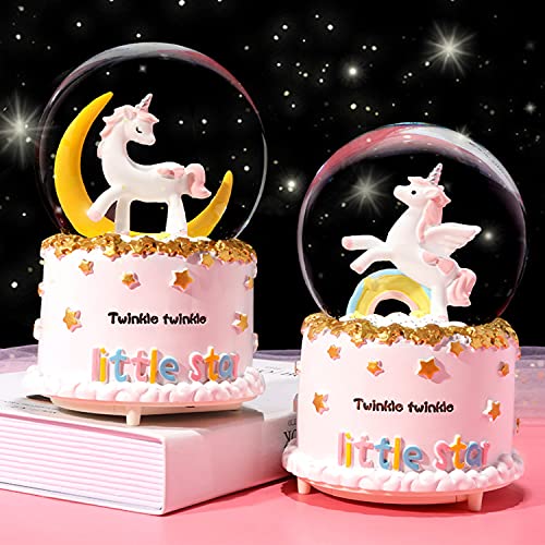 image for VECU Unicorn Snow Globe, 80 MM Automatic Snowfall Cartoon Moon Music B