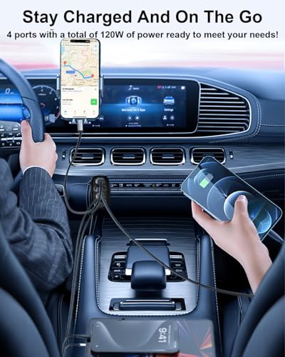 LINKWOW 120W Fast Charging Car Charger 4-Port USB C Car Charger Adapter - Moblie Phone Adapter Power Inverter - Super Fast Charger for iPhone 16/15/14/13/12/11 Samsung Galaxy Black