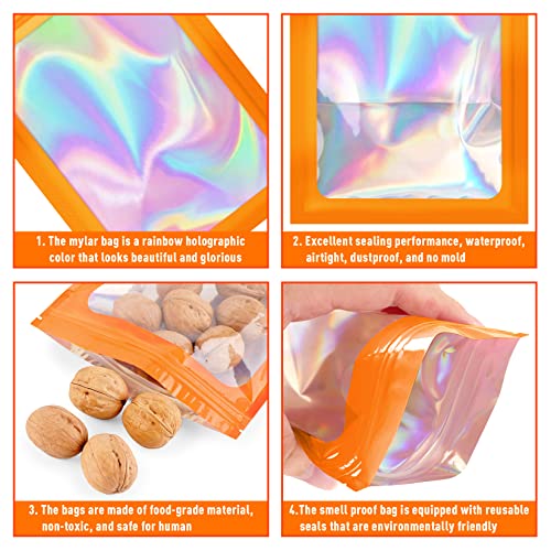 Jtieo 50Pcs Smell Proof Bags Resealable Bags For Food Storage 2.4X3.9Inch Holographic Bags With Clear Window Foil Pouch Packaging Bag Self Sealing Bag For Party Favors, Lipgloss, Jewelry, Candy Orange #TOP1