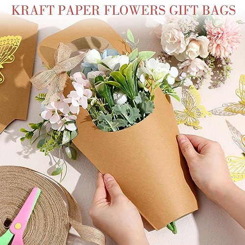 Seajan 48 Pcs Kraft Paper Flower Gift Bags with Handle and 48 Pcs 3D Gold Butterfly Stickers and Burlap Ribbon Wrapping Gift Bags for Wedding, Baby Shower, Birthday - Thumbnail 4