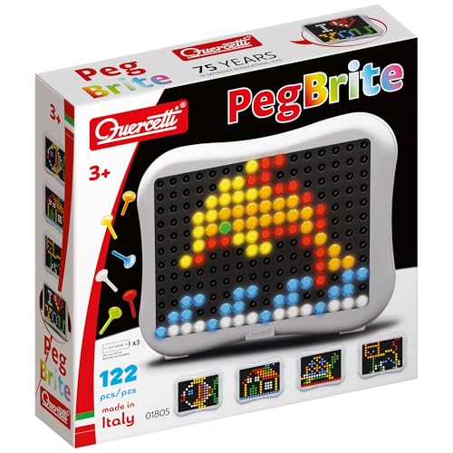 Quercetti Peg Brite, Juguetes Niños 3 Años, Mosaico Luminoso con 120 Clavos Transparentes, Montessori 3 Años, Lámpara LED para Crear Mosaicos Infantiles Creativos, Manualidades Niños, Made in Italy