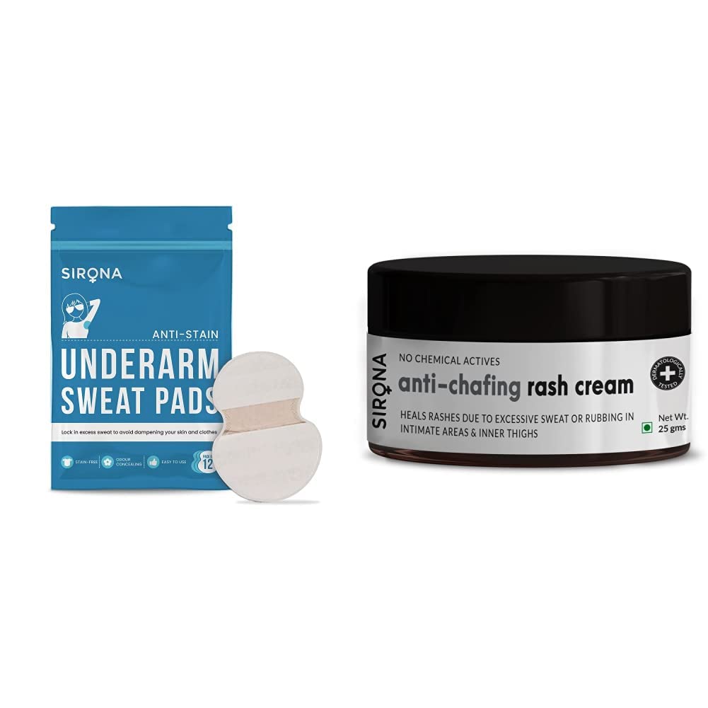 Sirona Underarm Sweat Pads - 12 Pads with Natural Anti Chafing Rash Cream, 25g for Unisex