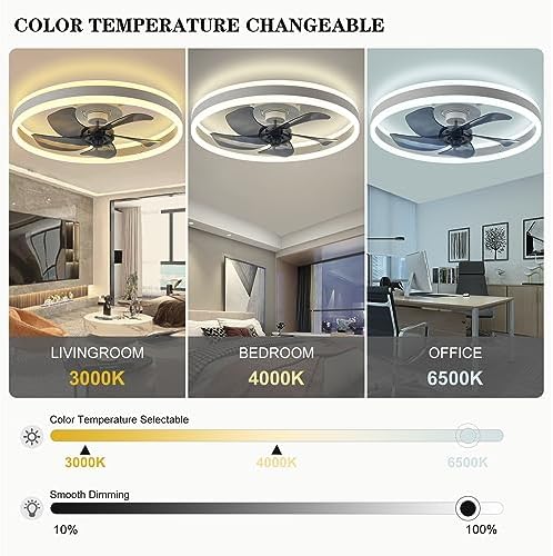 Low Profile Ceiling Fan with Lights,3 Colors Dimmable LED 6 Speeds Modern Ceiling Fan with Remote,Flush Mount Smart Bladeless Ceiling Fan for Bedroom, Living Room, Kitchen(19.7"x5.5") 4 51A0PD2ItvL. AC