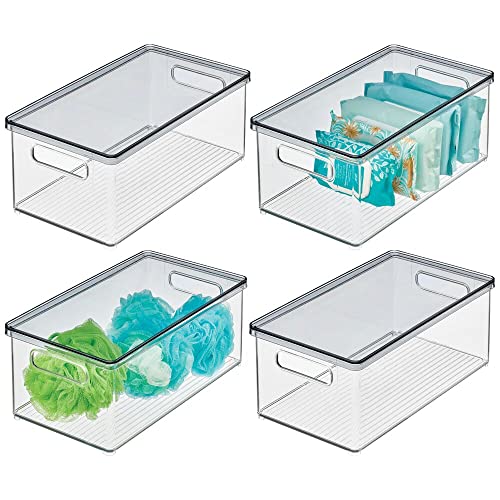 mDesign Plastic Stackable Storage Container Bin Box, Removable Lid, Handles - Bathroom Cabinet Organizer for Toiletries, Makeup, First Aid, Accessories, Soap, Loofahs, Bath Salts, 4 Pack - Clear/Smoke