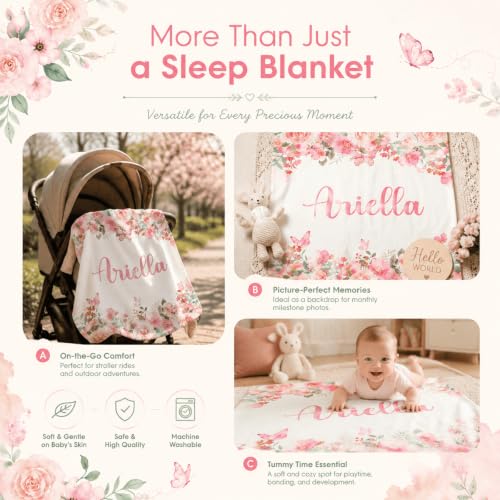 Image of Personalized Baby Blankets for Girls, Custom Blanket with Name, Personalized Baby Gifts for Birthday, Christmas, Baby Shower, Newborn Soft Flannel Floral Blankets Boy Girl Kids Gifts
