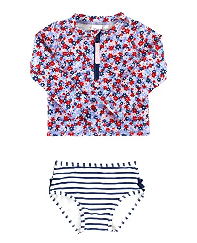 Image of RuffleButts® Baby/Toddler Girls Long Sleeve Rash Guard 2 Piece Swimsuit Set w/UPF 50+ Sun Protection with Zipper