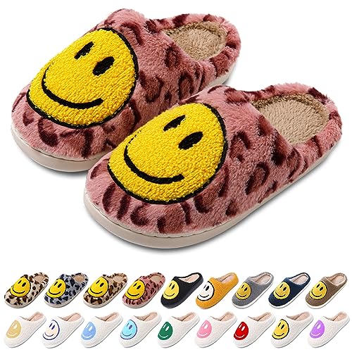 AIMINUO Women's Men's Retro Preppy Happy Face Slippers Comfy Warm Plush Slip-On House Slipper for Winter Indoor Soft Cushion Non-slip Fluffy Slides Slippers Leopard-Pink 7.5-8.5 Women/7-8 Men