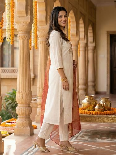 Image of INDO ERA Women's Silk Blend Embroidered Thread Work Kurta & Pant with Dupatta Set | Suit Set For Women