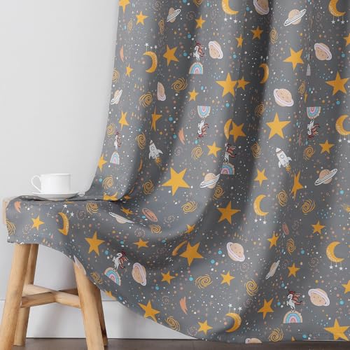 Image of Unicorn Planet Grey Room Darkening Curtains 96 Inch Length for Kids Bedroom