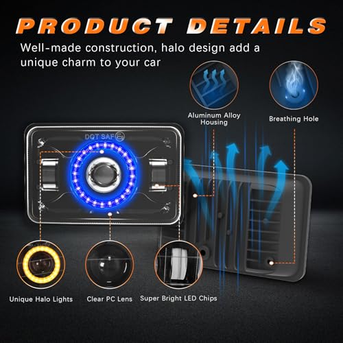 Image of 4x6 LED Headlights [Dot Approved] with Halo Blue DRL Amber Turn Signal Light [High Low Sealed Beam] Compatible for Peterbilt 379 Kenworth T800 T600 Freightinger Ford Probe Ol-dsmobile Trucks