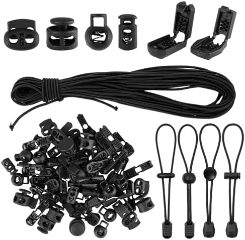 Cuerda de Goma Elástica de 10m x 3mm, Cuerda Elástica Redonda Fuerte con 40 Topes de Cordón+ 40 Abrazadera de Cordón, Negro Tensores Elásticos Resistente, Cordon en Caoutchouc para Mochilas Cordones