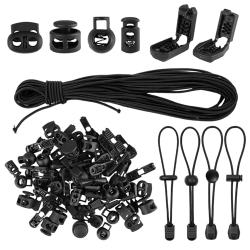 Cuerda de Goma Elástica de 10m x 3mm, Cuerda Elástica Redonda Fuerte con 40 Topes de Cordón+ 40 Abrazadera de Cordón, Negro Tensores Elásticos Resistente, Cordon en Caoutchouc para Mochilas Cordones
