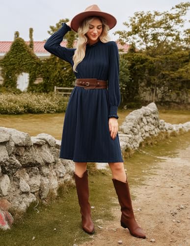 GRACE KARIN Fall Dresses for Women 2025 Casual Long Sleeve Crew Neck Ribbed Belted Dresses with Pocket4