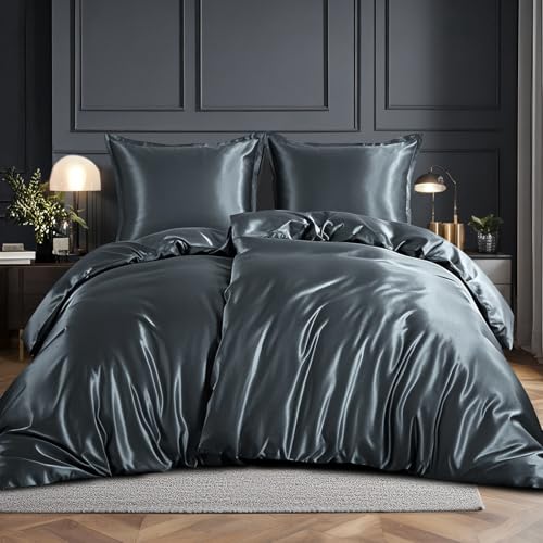 RUIKASI Satin Bettwäsche 135x200 4teilig - Seidig Bettbezug Grau mit Glanz wie Seiden Bettwäsche Set für Haar und Haut, Glänzend Bettwäsche 135x200cm mit Reißverschluss und Kissenbezug 80x80cm