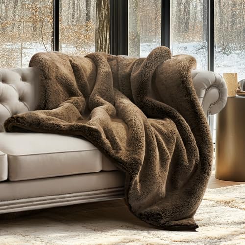 EVERGRACEHOME Luxury Soft Faux Chinchilla Fur Throw Blanket for Couch Warm Thick Heavy Winter Throw Blanket 1220GSM for Bed Fluffy Cozy Mink Blanket with Reversible Velvet Brown Sable 50x60