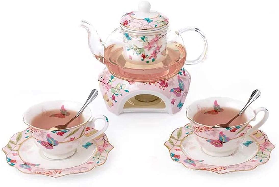 YHWBone China Coffee Pot Teapot Cup and Saucer Set with Warmer and Tea Infuser,Tea for 2