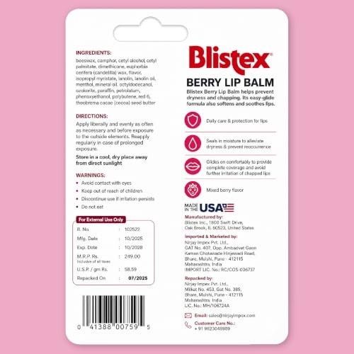 Image of Blistex Berry Lip Balm, 4.25 g | Moisturising Lip Balm for Dry & Chapped Lips | Daily Lip Care & Protection | Berry Flavour