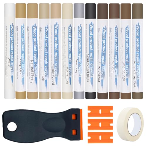 Hartwachs Reparaturset 12 Farben, Parkett Reparaturset, Laminat Reparaturset mit Schaber, Holz Reparaturset, Raufaser Reparatur, Fliesen Reparaturset, Vinyl Reparaturset für Laminat, Holz, PVC,Kratzer