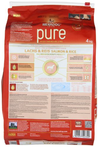 MERA PURE Adult Trockenfutter I Hundefutter ohne glutenhaltige Zutaten für sensible Hunde mit Lachs und Reis I 4 Kg
