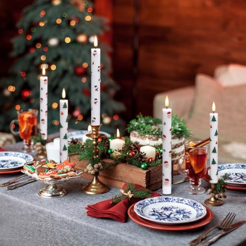 Image of Eldnacele Christmas Taper Flameless Candle Remote and Timer, Battery Operated 3D Wick Flickering Christmas Tree,Santa,Snowman Decal Candles Real Wax LED Candles Dinner Holiday Decor(6Pcs,0.78 inchx9.6 inch