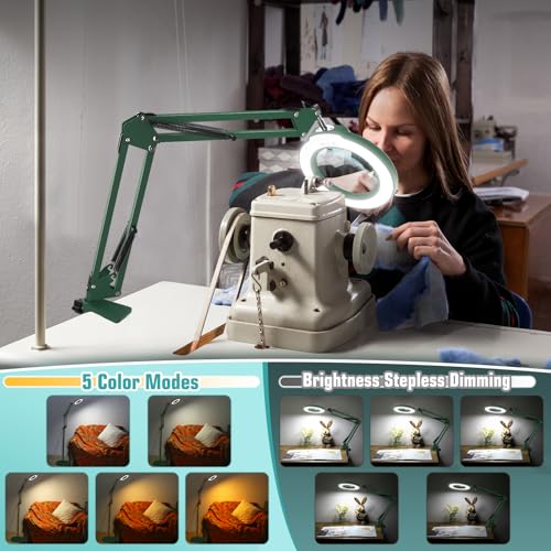 Image of 12X Magnifying Glass with Light and Stand, Real Glass Lens (Not Acrylic), 5 Color Modes, Stepless Dimmable, LED 3-in-1 Floor Lamp, Swing Arm with Clamp, Lighted Magnifier Hands Free for Crafts - Green