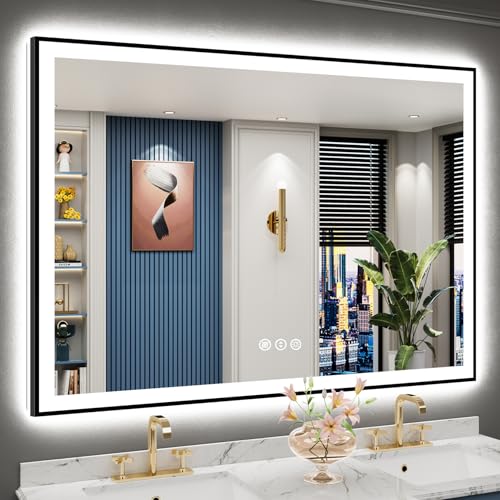 Image of 55x40 Black Framed LED Bathroom Mirror with Lights, Backlit and Front Lit Anti-Fog Lighted Vanity Mirror for Bathroom Wall, Dimmable, 3 Colors, Memory, Shatter-Proof, HD Tempered Glass, CRI 95