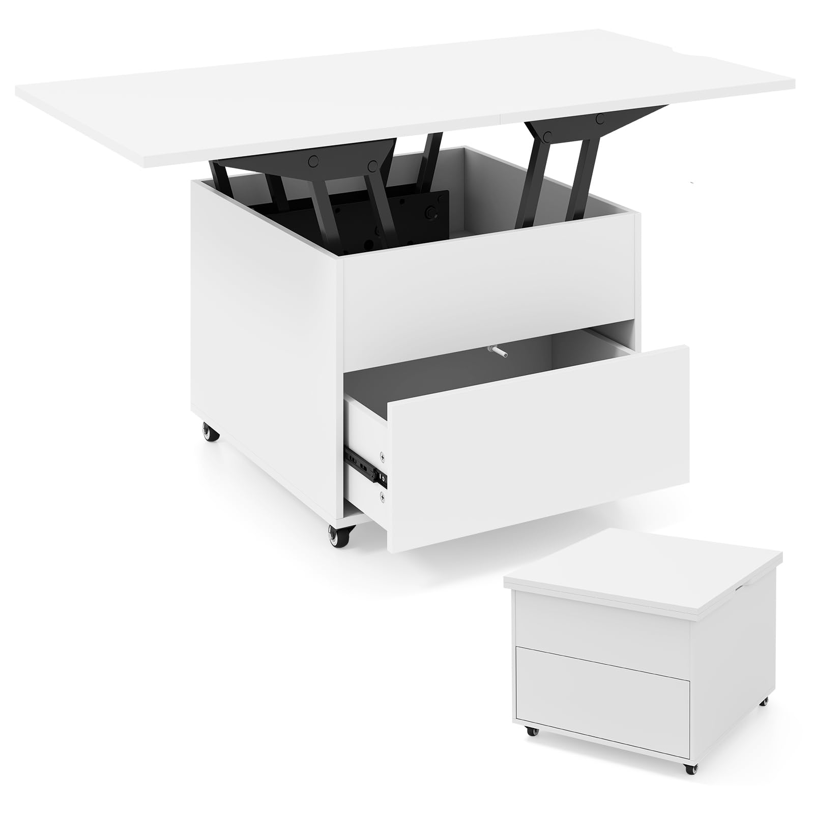 COSTWAY Couchtisch Höhenverstellbar, Wohnzimmertisch mit Schublade, Rollen & verstecktem Stauraum, 3-in-1 Kaffeetisch umwandelbar in Beistelltisch & Esstisch, Sofatisch 120 x 60 x 66 cm (Weiß)