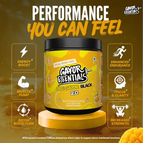 Image of Gayor Essentials Pre gayor black 2.0 Pre Workout High Stim Energy, Focus & Muscle Pump, 200mg Caffeine, 10g Citrulline Malate, 6g Beta Alanine, L-Theanine Performance Formula (Mango Slush, 338g)