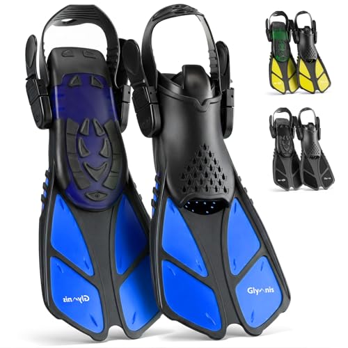 Glymnis Schnorchelflossen Verstellbare Flossen Schwimmflossen für Erwachsene und Kinder Kurze Tauchflossen zum Tauchen Schwimmen Schnorcheln (Schwarz/Blau, S/MD)
