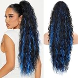 KooKaStyle Ponytail Extension 30 Inch Drawstring Pony Tails Hair Extensions for Women Long Curly Ponytail Synthetic Hairpieces for Daily Use（Black Mix Blue）