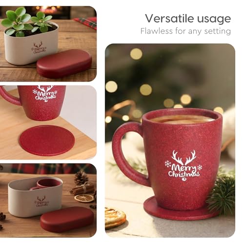 Image of Eha Earth-Friendly Christmas Gifts for Friends and Family | Secret Santa Gifts | Made with Rice Husk | Printed Christmas Mug and Coasters Set of 2, Keychain & Loopac Box | 300 ml | Coral