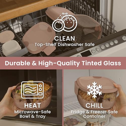 Image of Bentgo Glass Salad Container, 7.6-Cup, 4-Compartment Tray, Reusable Fork