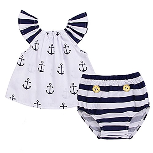 Infant Baby Girls Off Should Anchor Tops and Striped Briefs Outfits Set Sunsuit Clothes Tag Size 70(0-3M, White and Navy Blue)