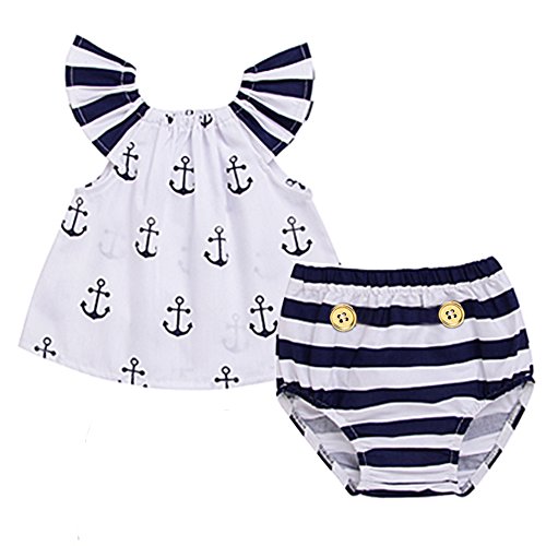 Infant Baby Girls Off Should Anchor Tops and Striped Briefs Outfits Set Sunsuit Clothes Tag size 90(12-18M, White and Navy Blue)