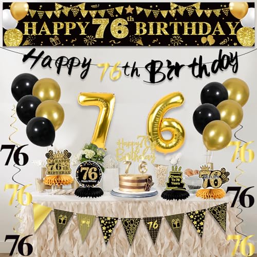 Image of 76th Birthday Decorations for Men, Black Gold 76th Party Decoration Kits