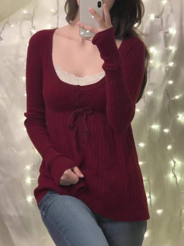 Women Y2K Fairy Grunge Long Sleeve Sweater Aesthetic Button Up Babydoll Knit Tops Square Neck Harajuku Tunic Knitwear3