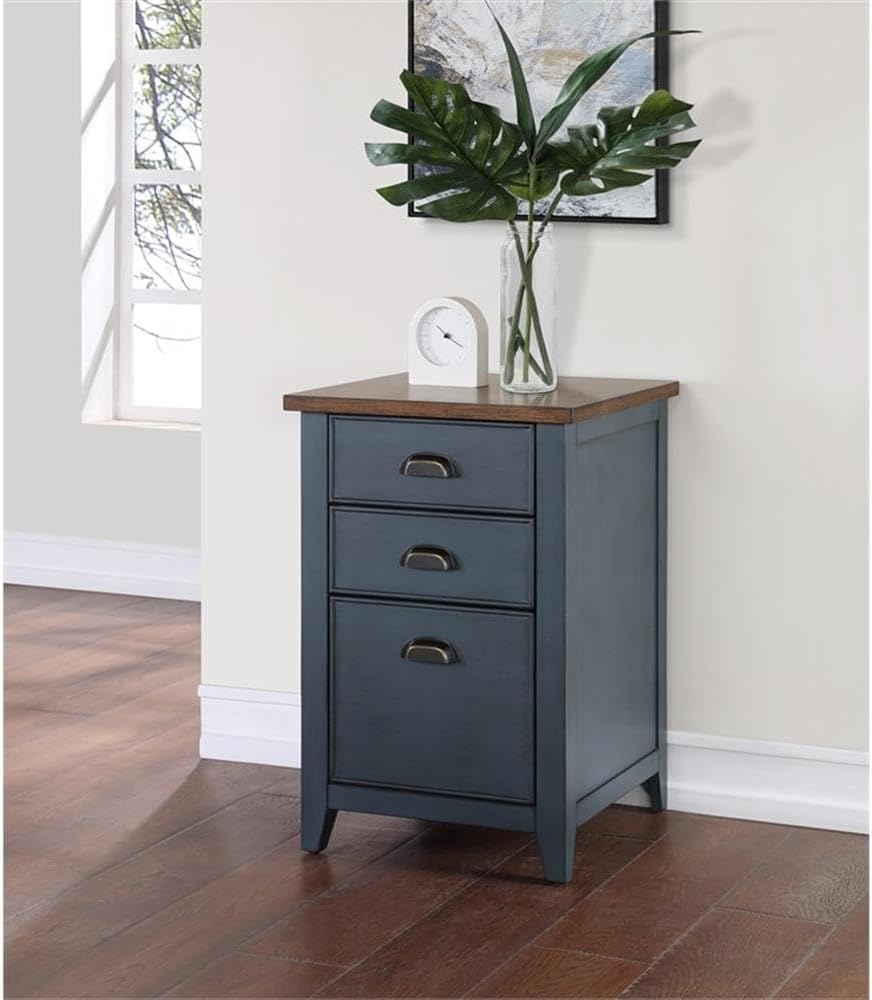 Farmhouse Three Drawer Wood File Cabinet Blue Wood Fully Assembled