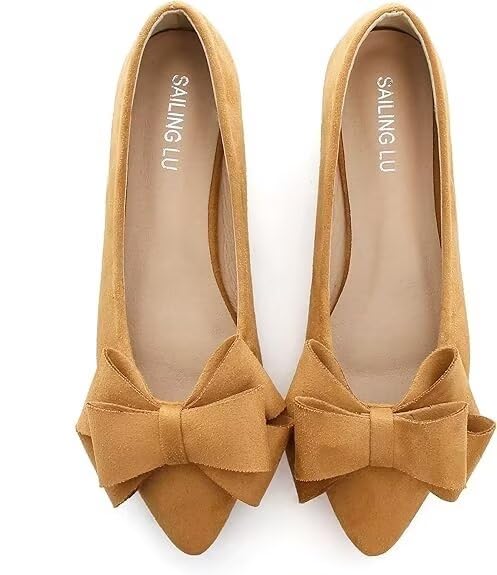 Image of SAILING LU Womens Bowknot Ballet Flats Pointy Toe Suede | Casual Flat Shoes, Dressy Wear to Work, Moccasins, Slip-Ons