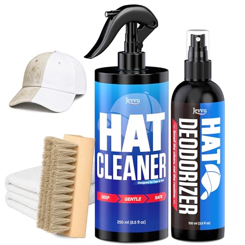 Hat Cleaning Kit for Baseball Caps – Sweat Stain Remover & Deodorizer Spray, 8.45 fl oz Cleaner + 3.38 fl oz Deodorizer for Snapbacks, Fitted, Trucker, Felt & Cowboy Hats with Brush & Microfiber Cloth