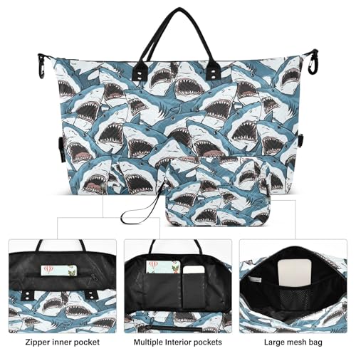 Shark Cartoon Funny Blue Large Travel Duffle Bag Weekender Overnight Bags Gym Yoga Bag for Women Men with Toiletry Bag2