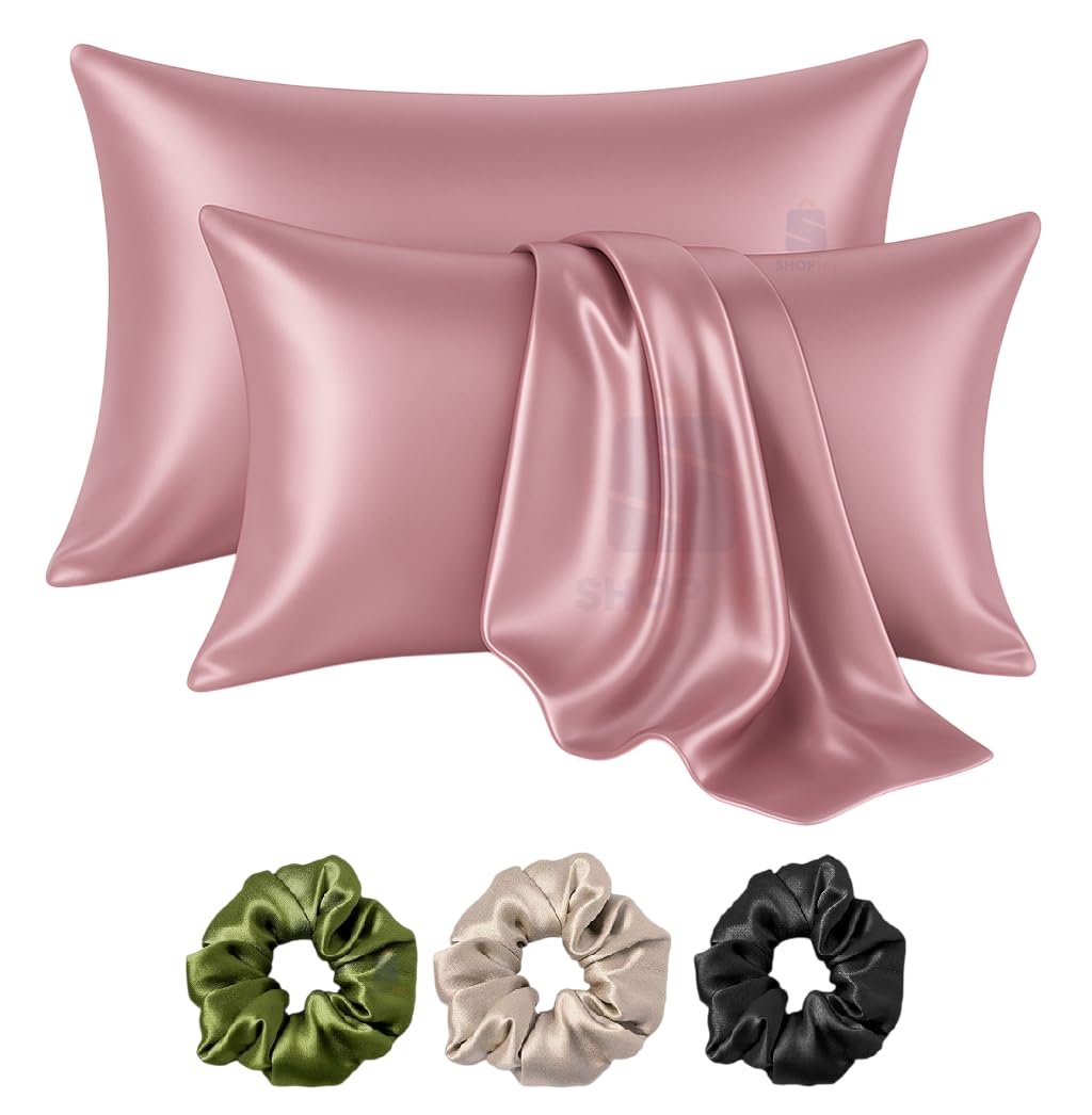 Satin Silk Pillow Cover for Hair and Skin 2 Piece with 3 Piece Satin Silk Scrunchies | 1 Silk Hair Band Free Solid Pillow Covers with Envelope Closure(Rose Taupe) (Peach)-image-12